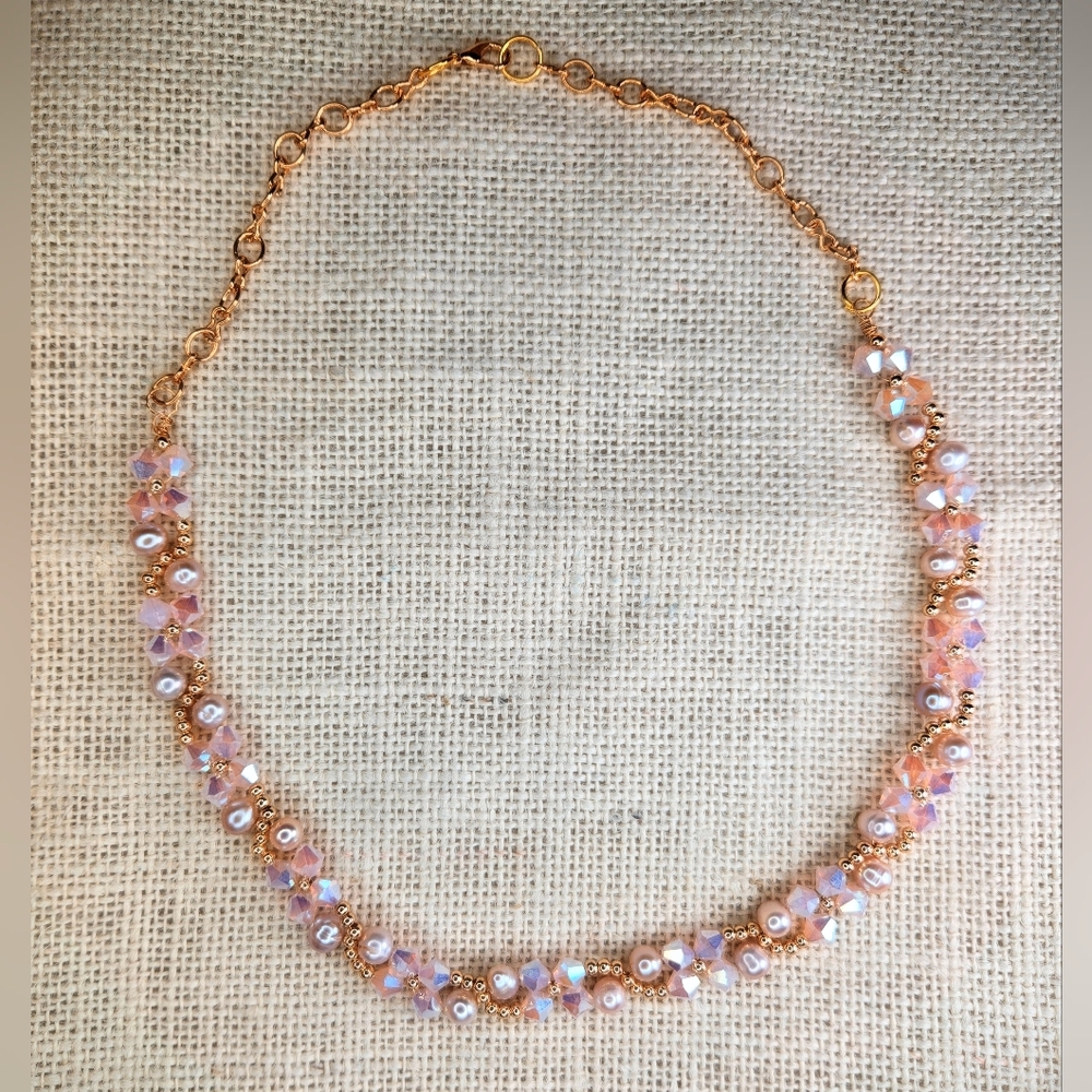 Ethereal Soft Pink Rose Opal AB & Genuine Pink Pearls In An Enchanting Necklace